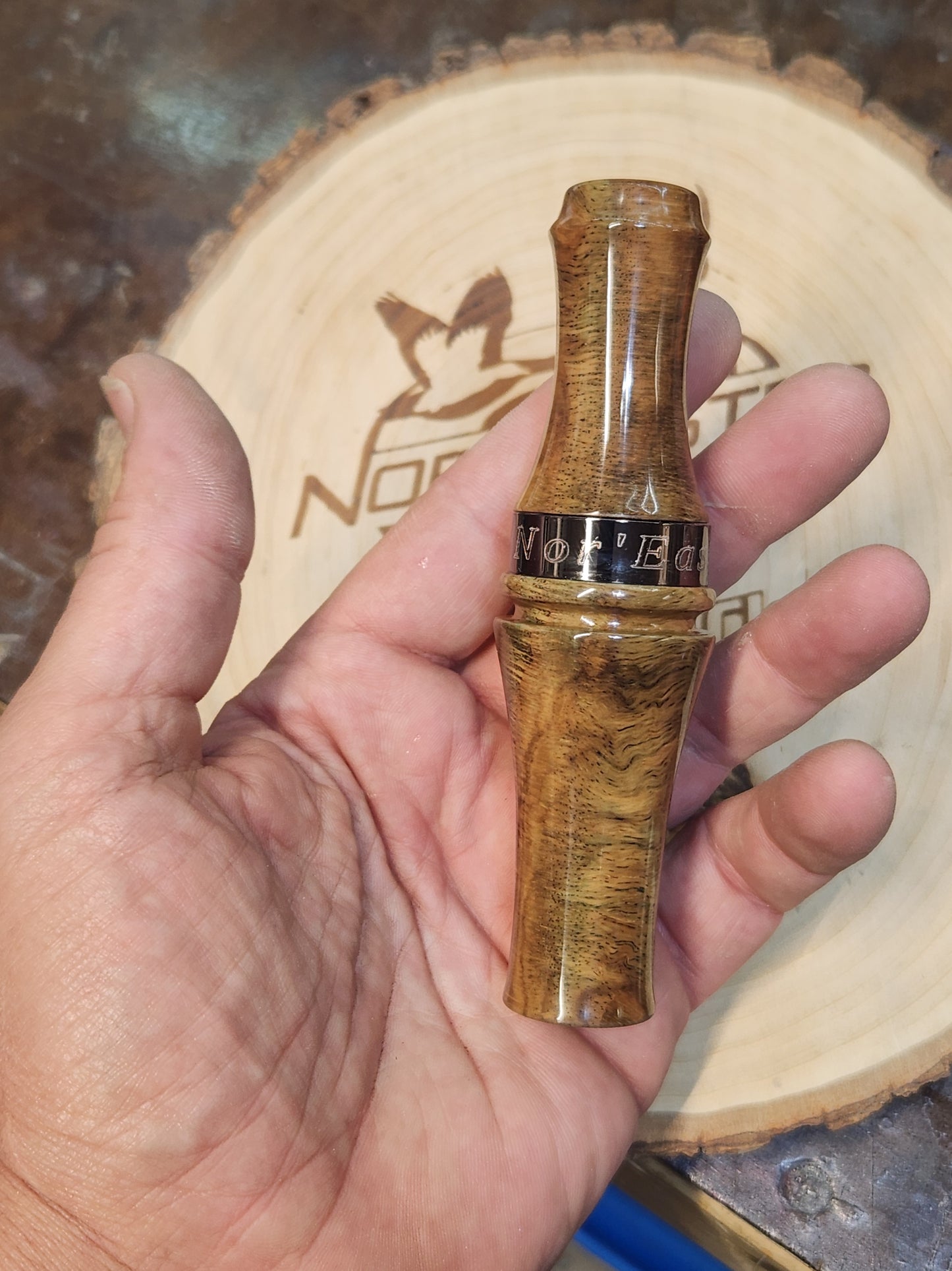 Spalted stabilized white oak double reed duck call