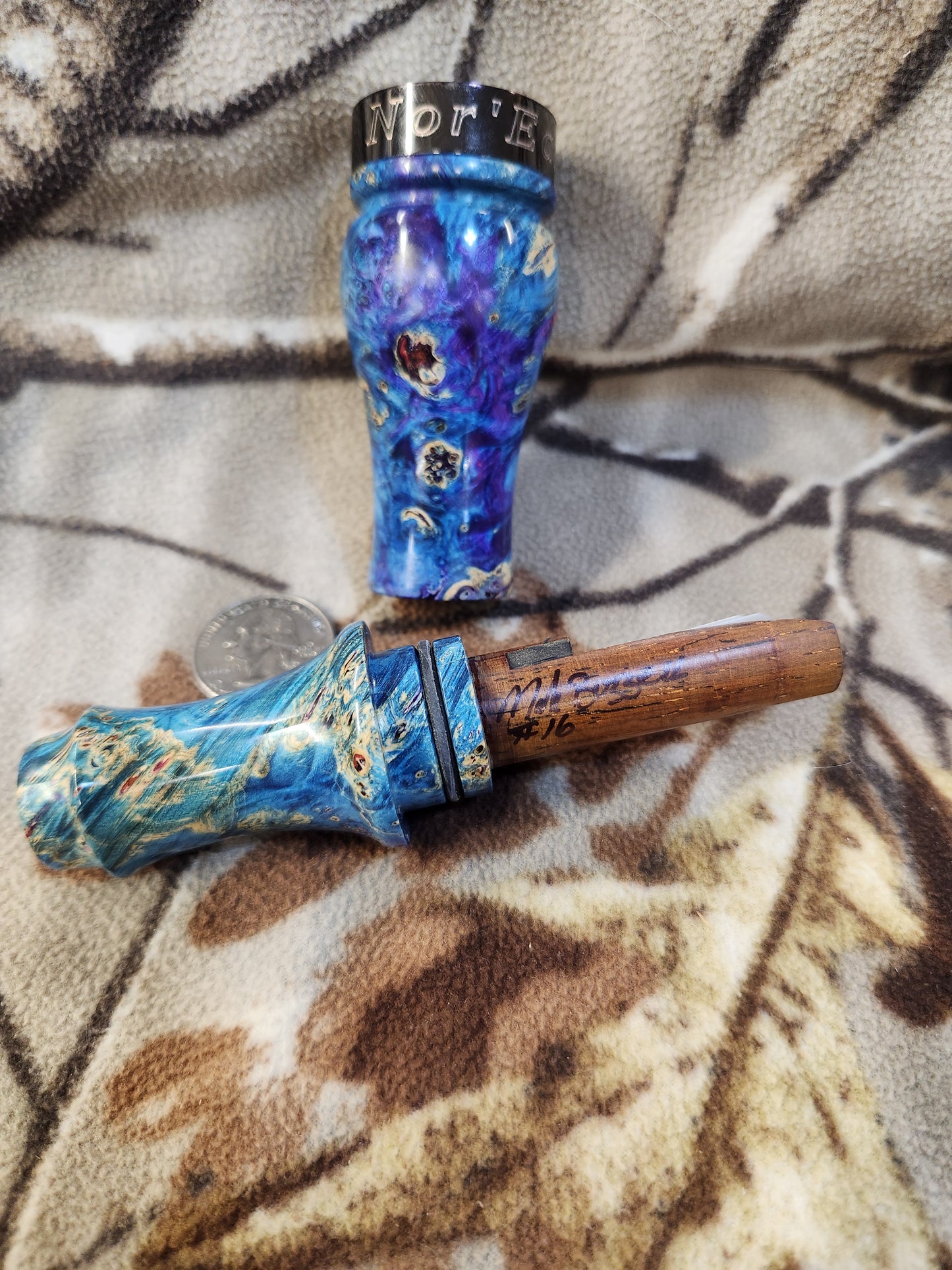 Double reed duck call made from stabilized and dyed boxelder burl wood cocobolo wood tone board
