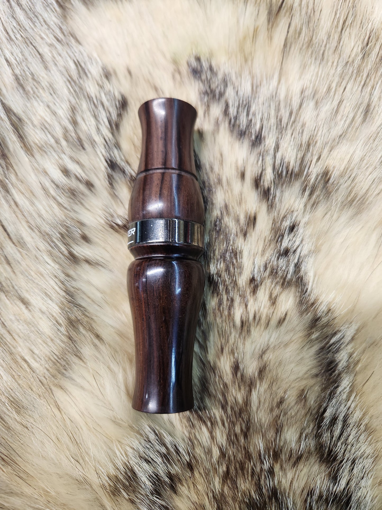 Custom Burmese rose wood goose call with nickle gun metal band