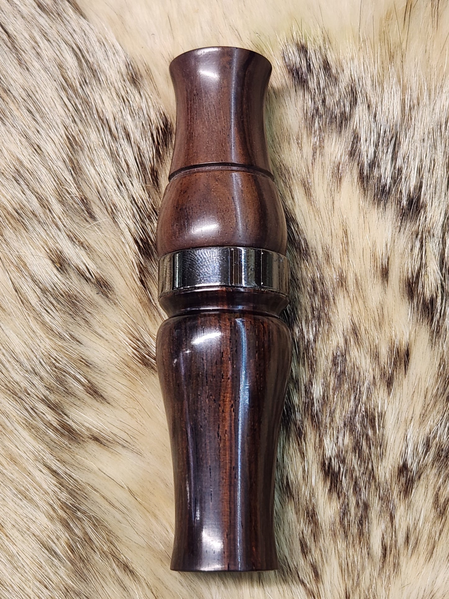 Custom Burmese rose wood goose call with nickle gun metal band