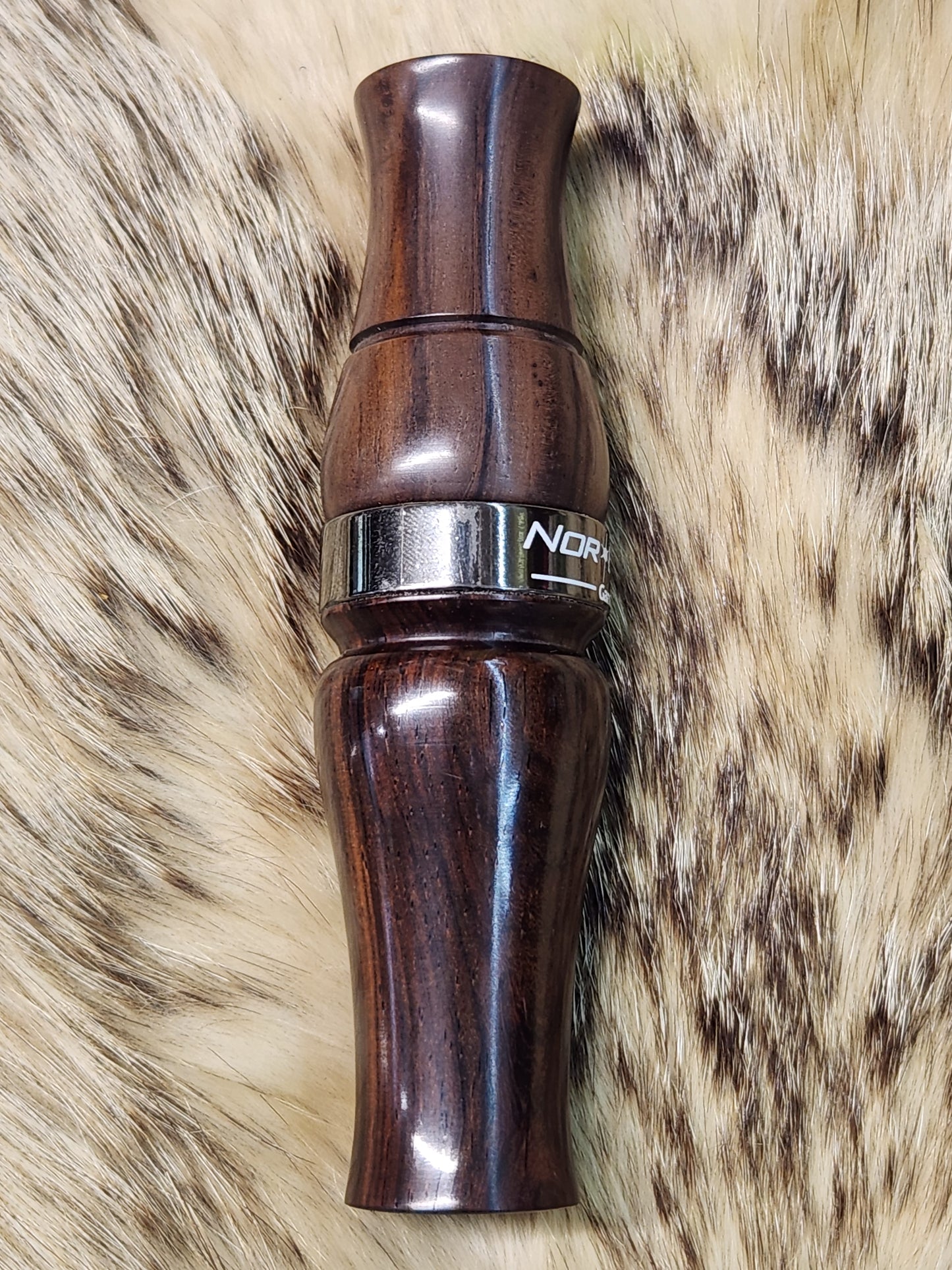 Custom Burmese rose wood goose call with nickle gun metal band