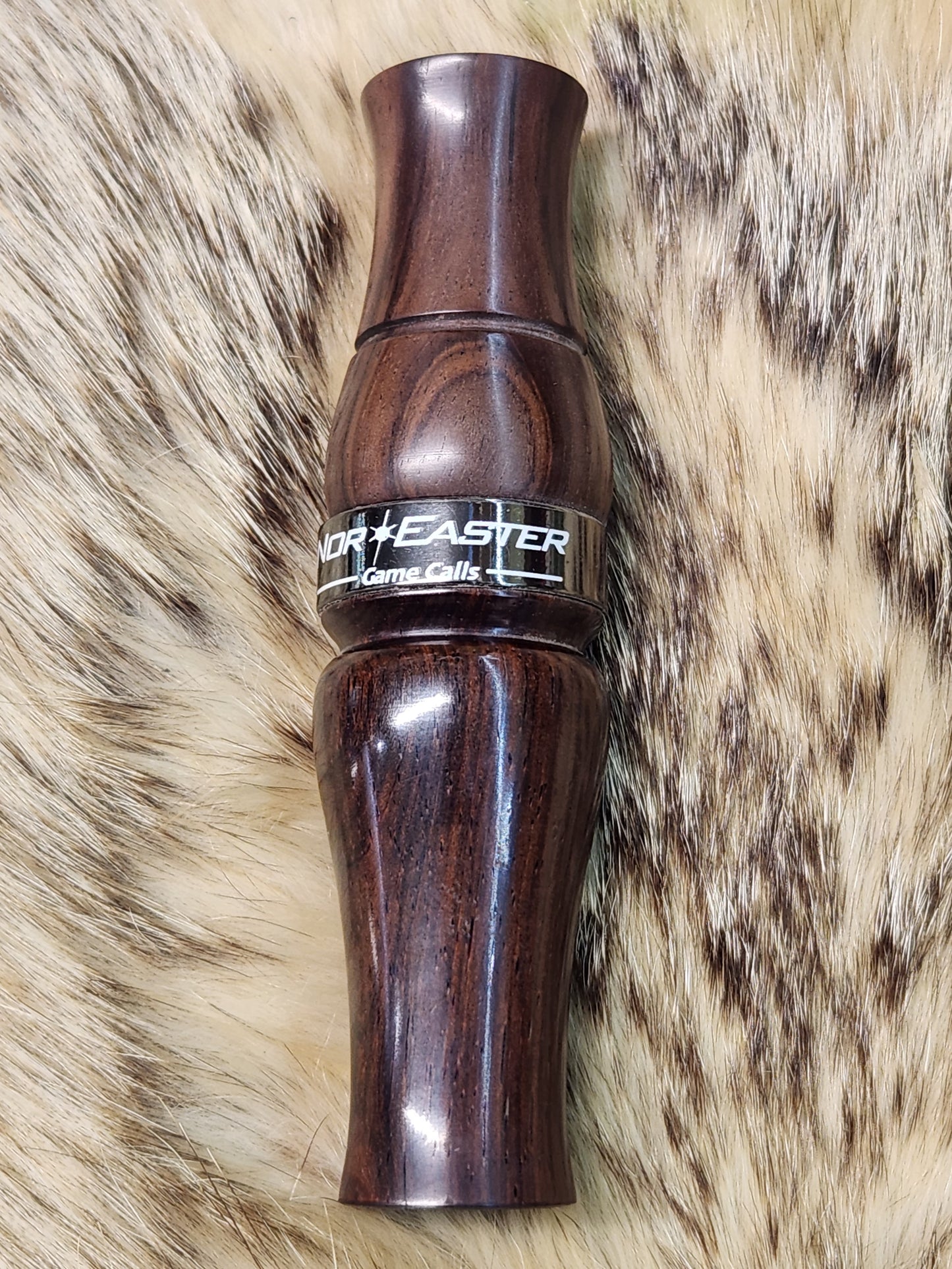 Custom Burmese rose wood goose call with nickle gun metal band
