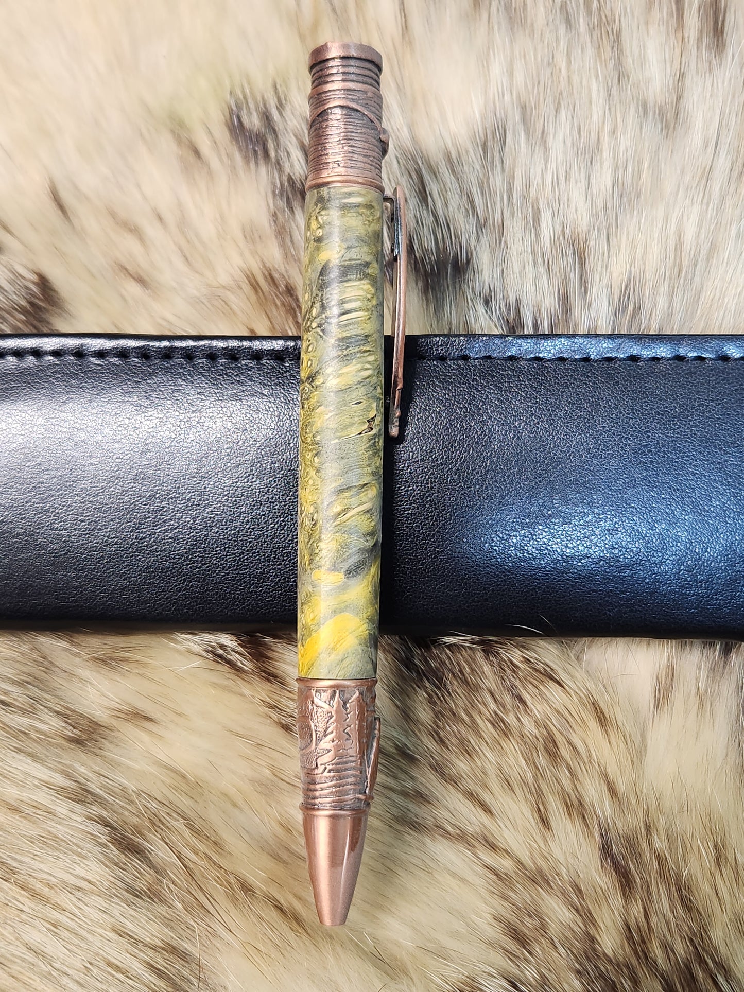 Fly fishing pen in copper made from double dyed boxelder burl wood