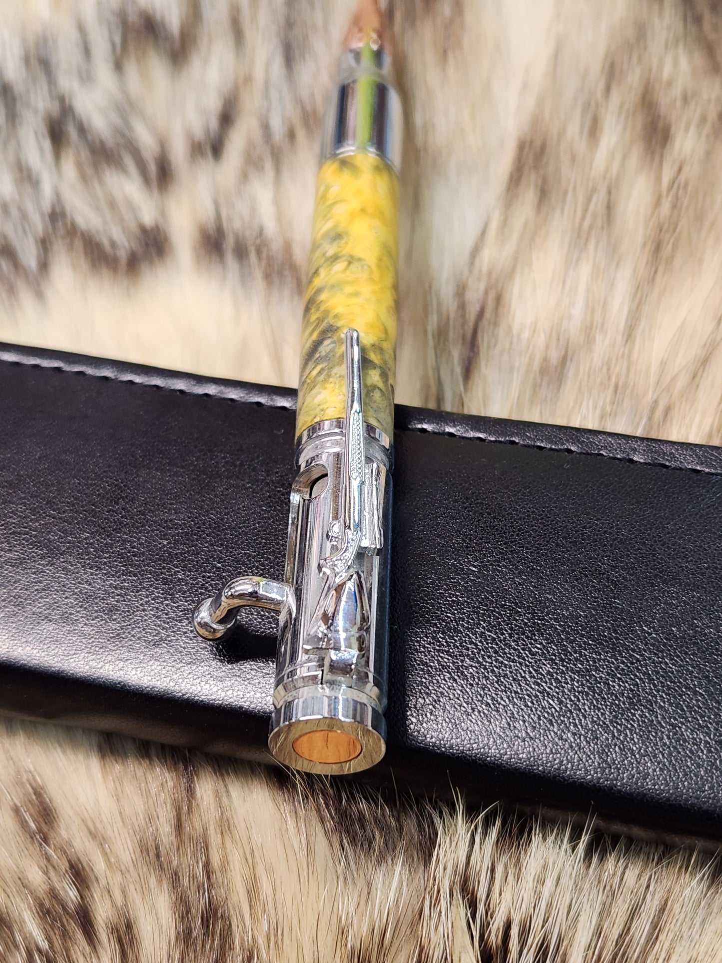 30cal Bolt action pen in silver with double dyed boxelder burl wood