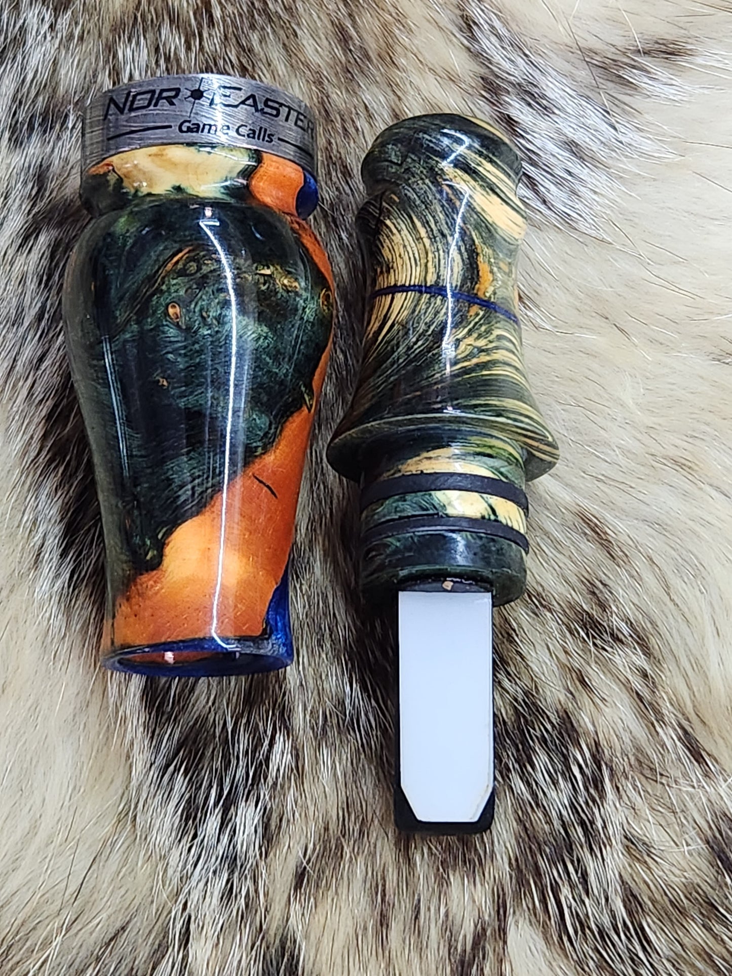 Amboyna burl wood Damascus band double reed duck call