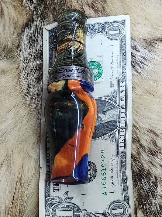 Amboyna burl wood Damascus band double reed duck call