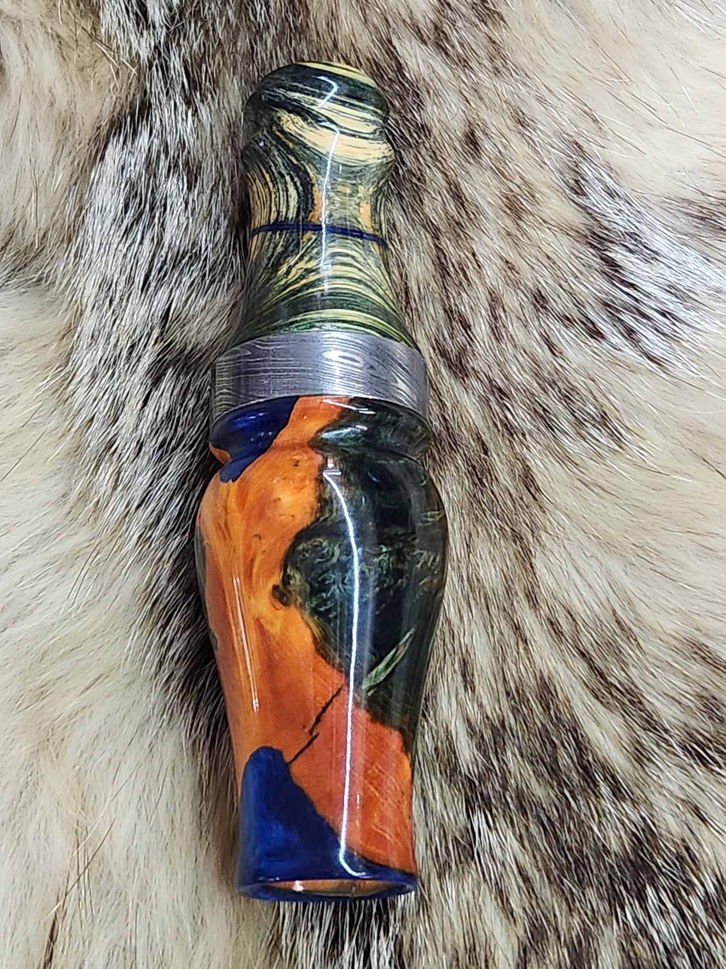 Amboyna burl wood Damascus band double reed duck call