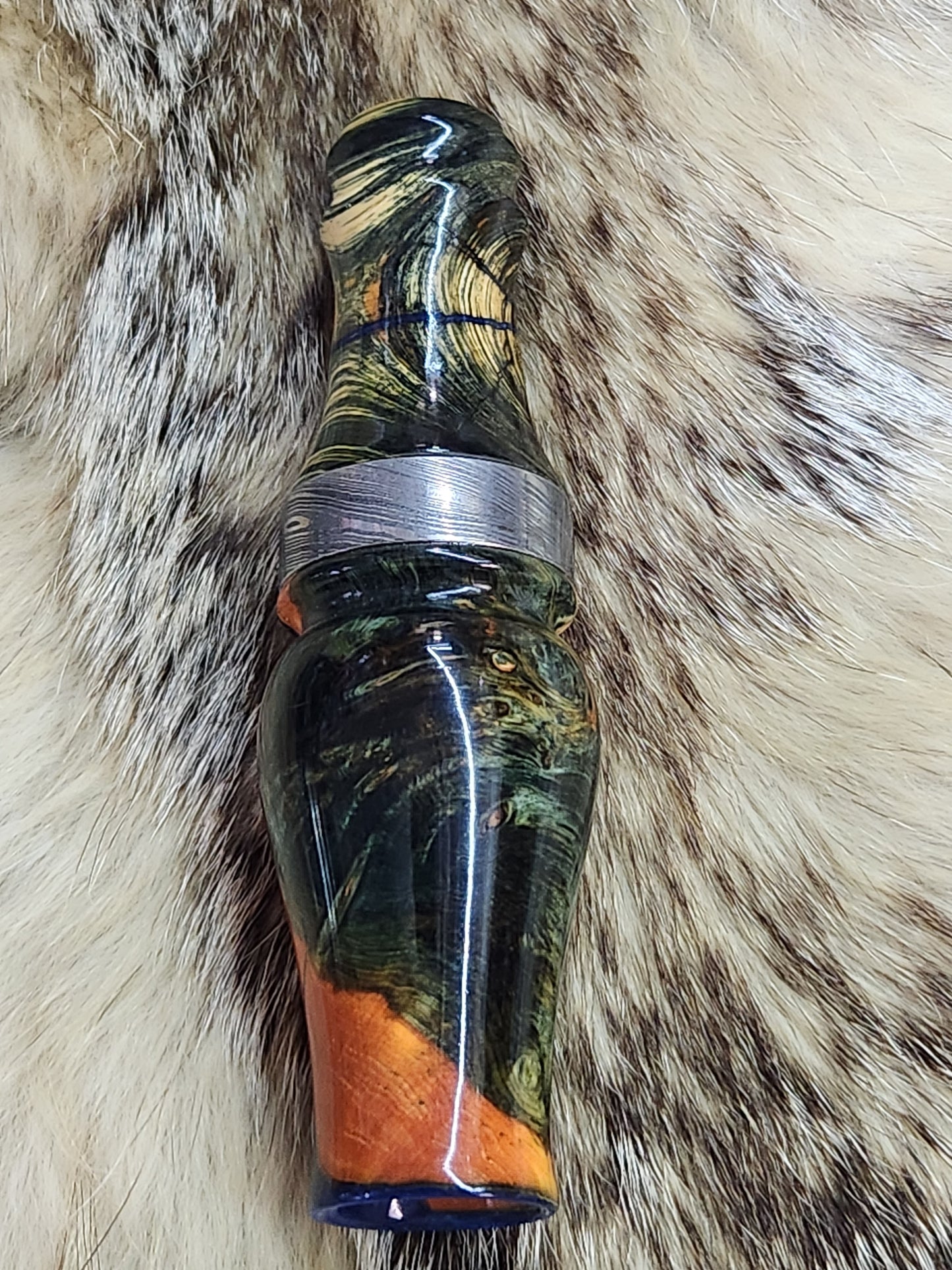 Amboyna burl wood Damascus band double reed duck call