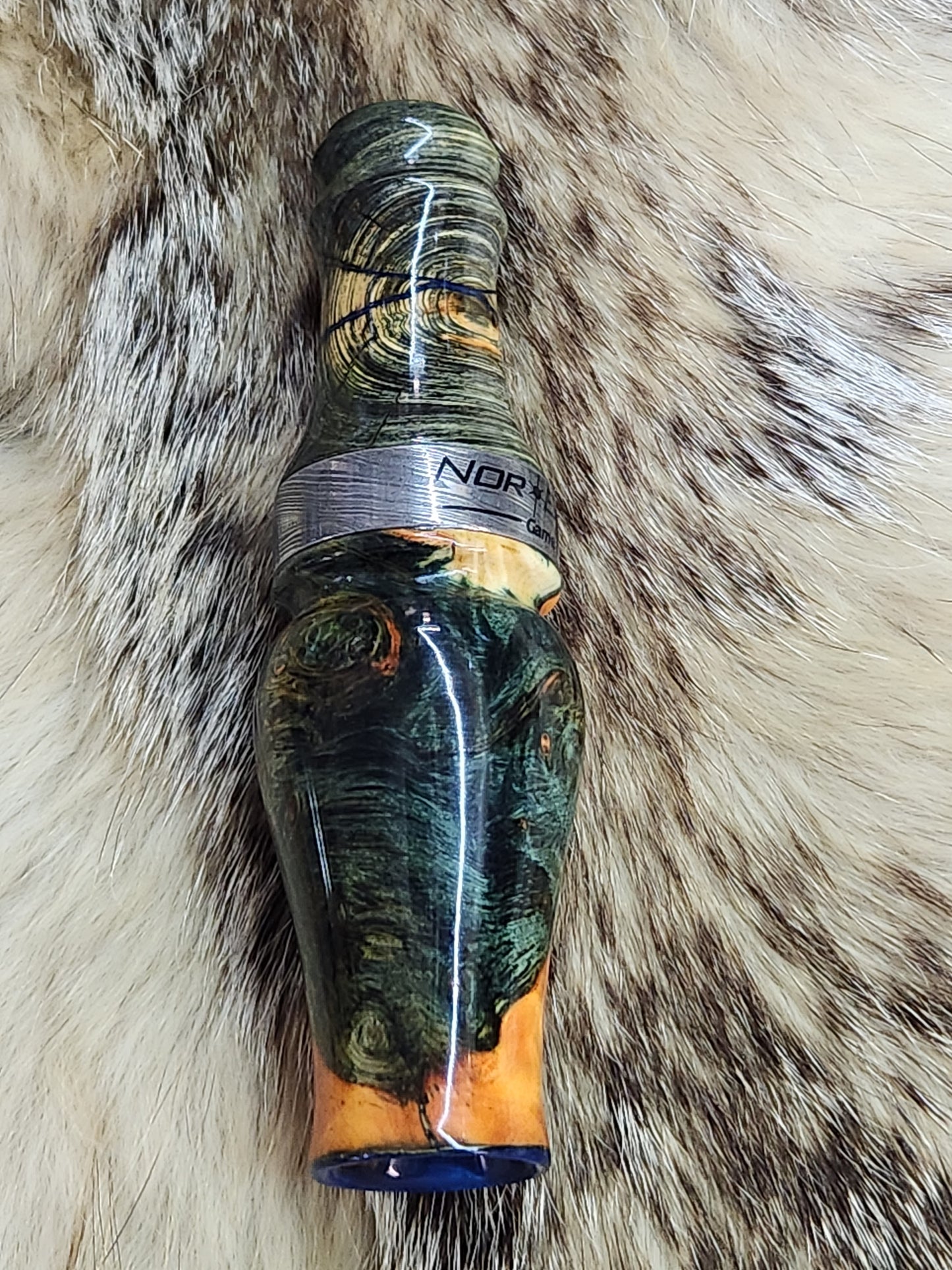 Amboyna burl wood Damascus band double reed duck call