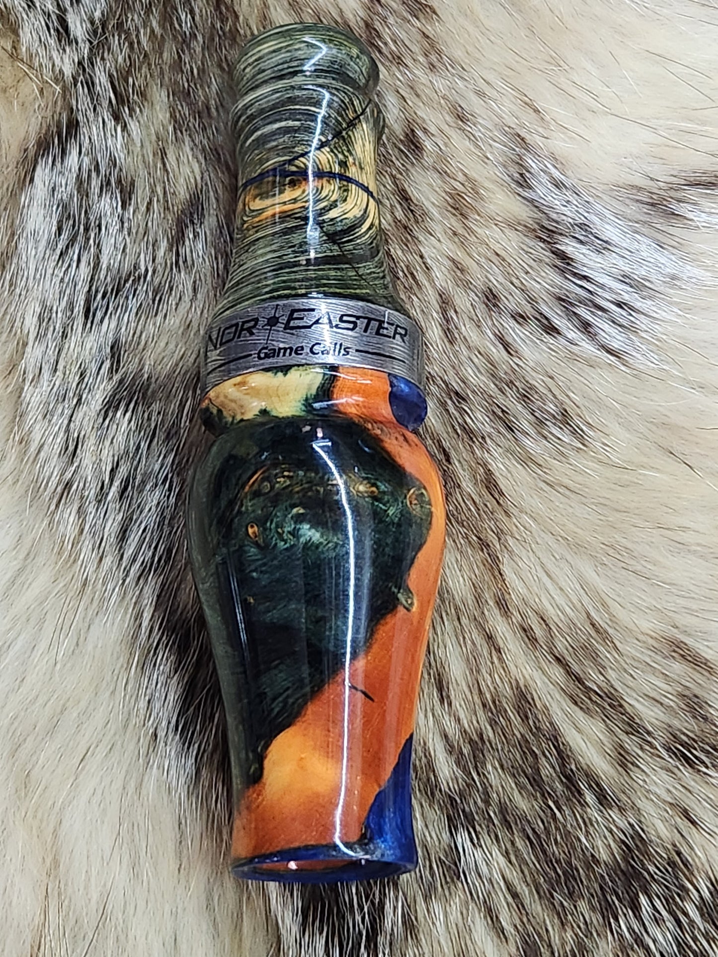 Amboyna burl wood Damascus band double reed duck call