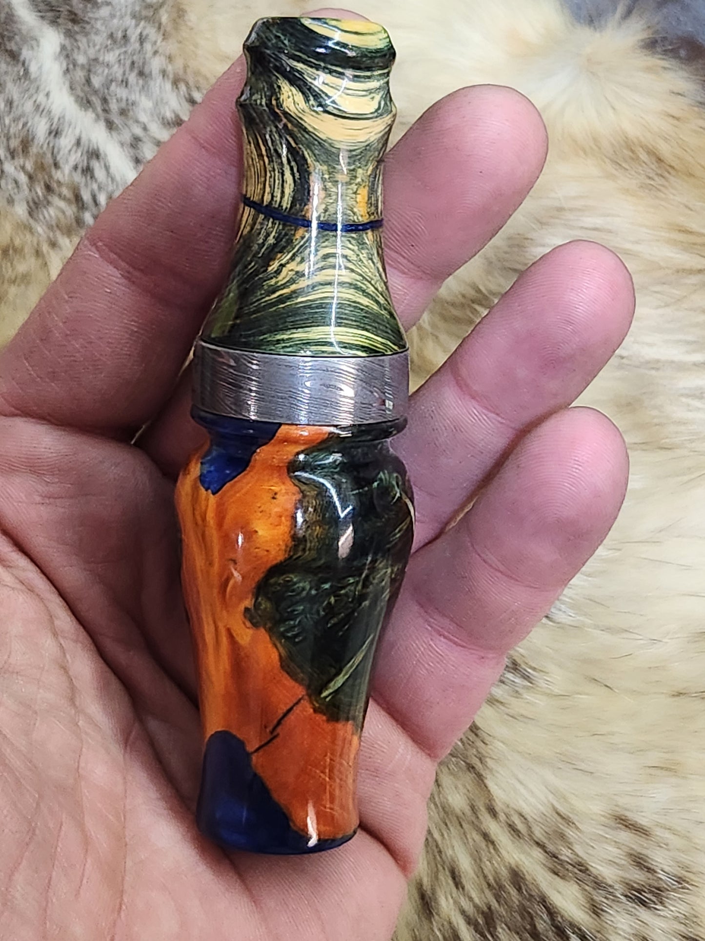 Amboyna burl wood Damascus band double reed duck call