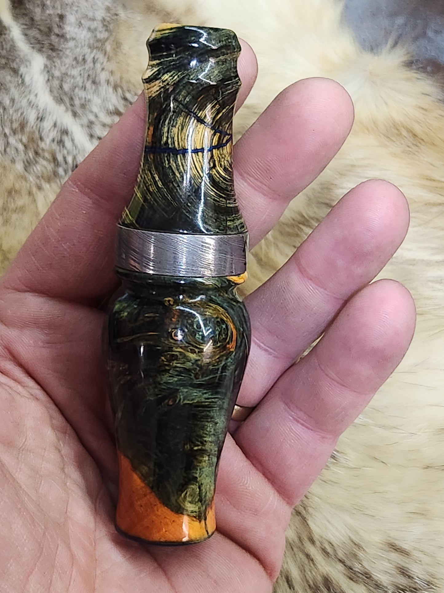Amboyna burl wood Damascus band double reed duck call