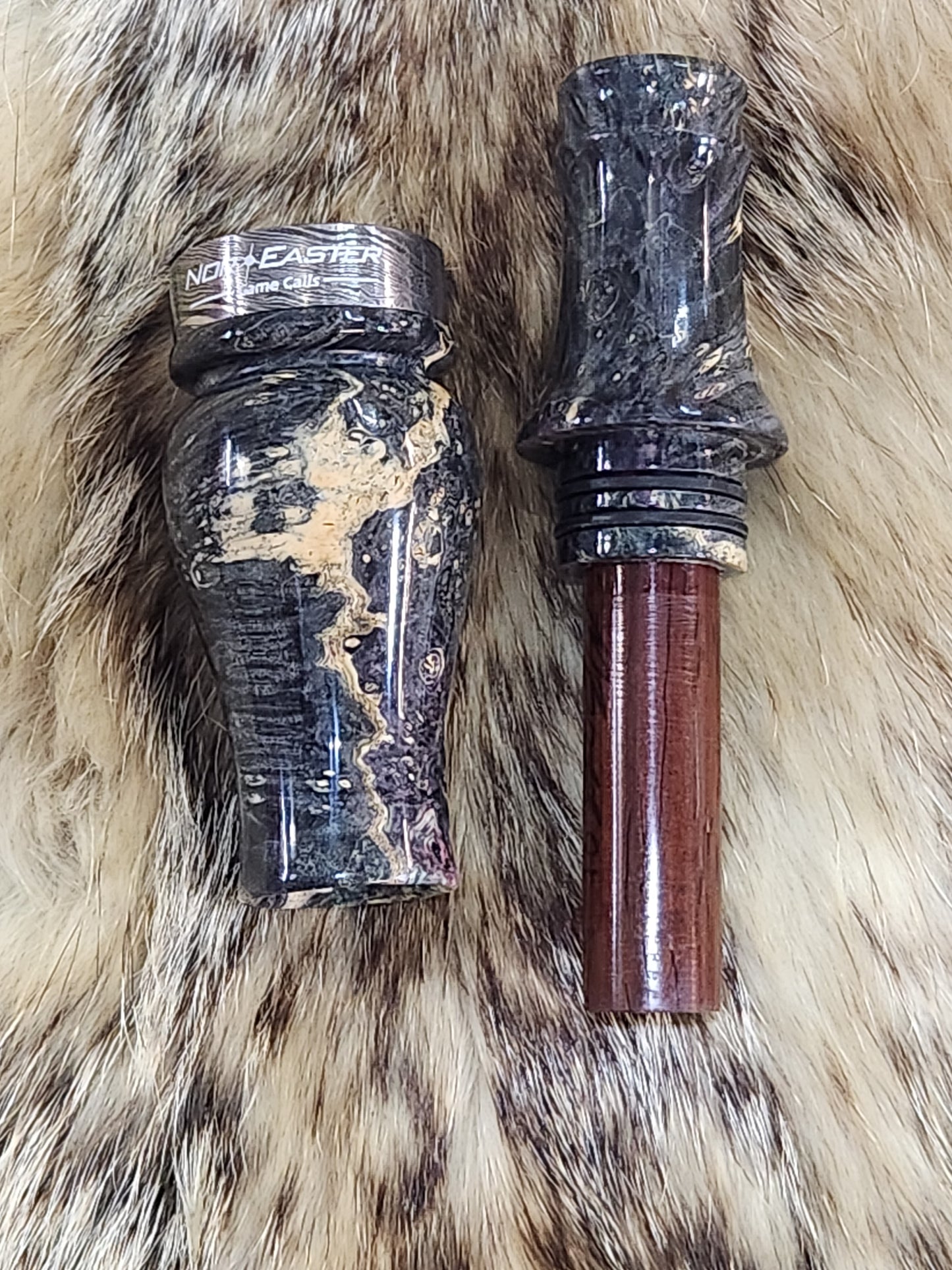 Boxelder burl wood double Reed Duck Call, Damascus band cocobolo wood tone board
