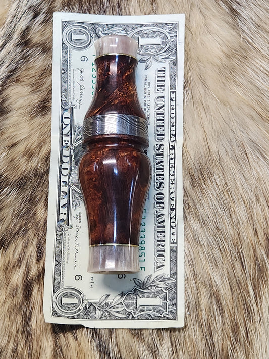Honduran rose wood sleeved with muskox horn & brass double reed duck call