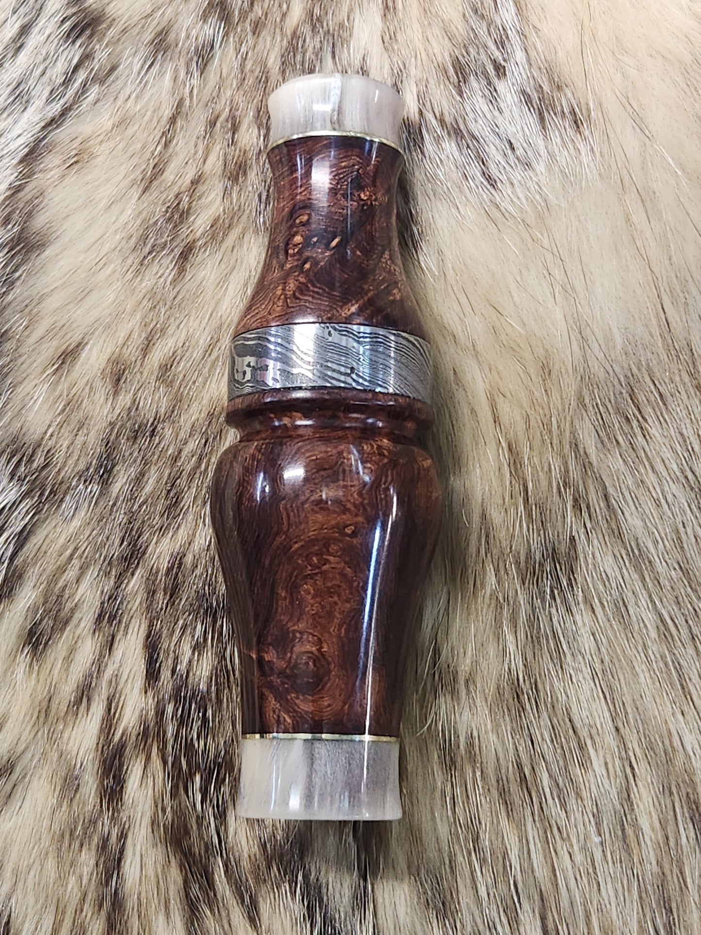 Honduran rose wood sleeved with muskox horn & brass double reed duck call