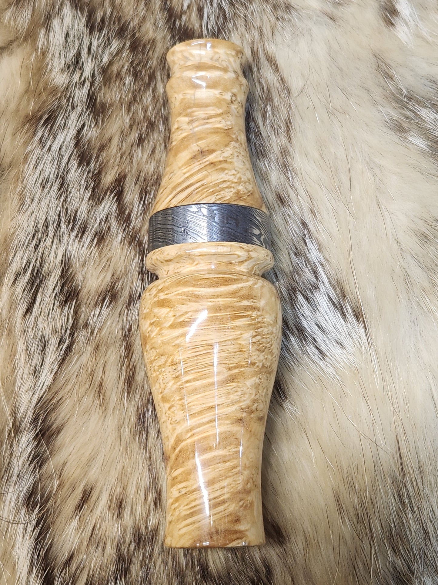 Stabilized black ash burl double reed duck call with cocobolo wood tone board