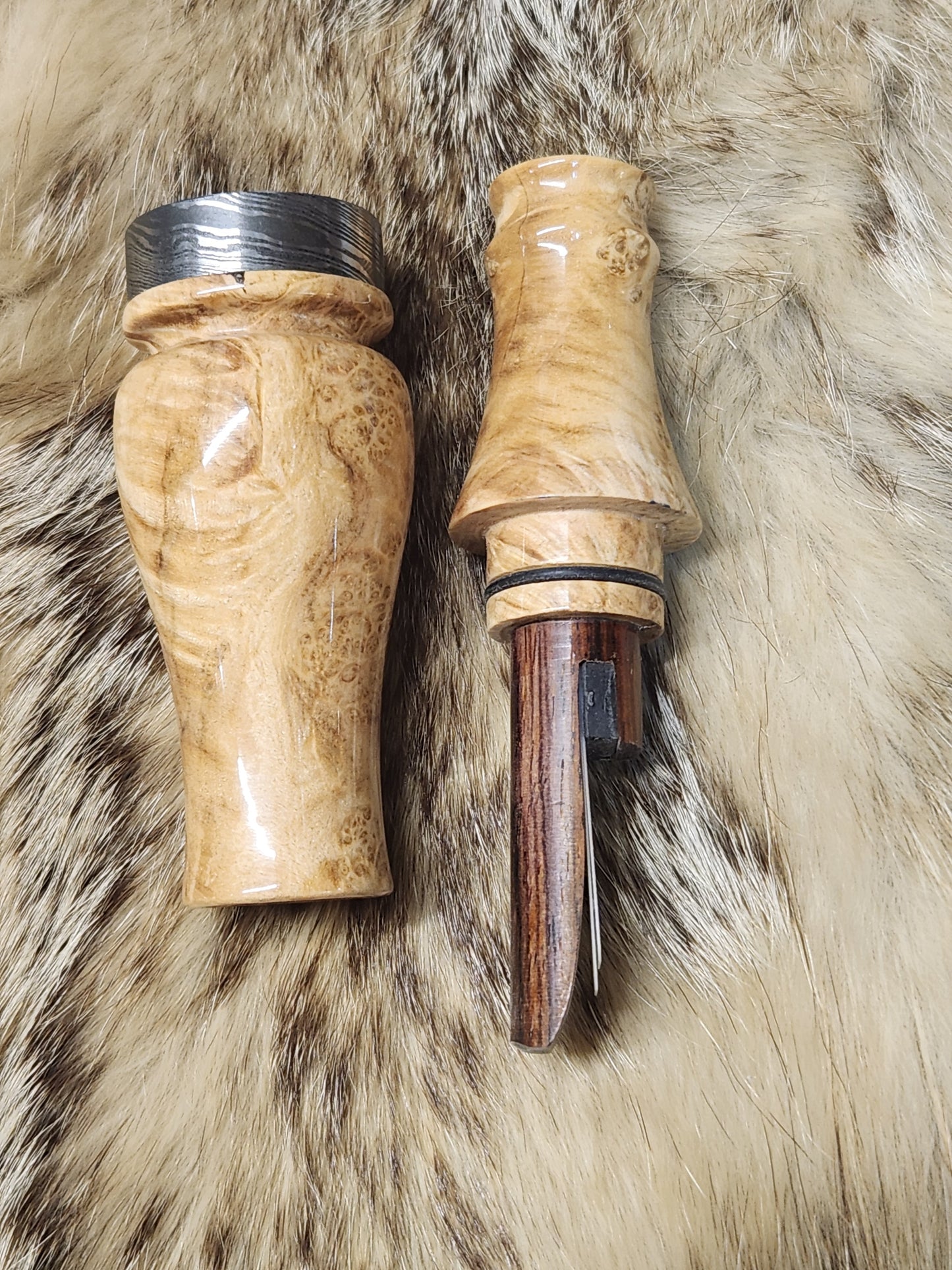 Stabilized black ash burl double reed duck call with cocobolo wood tone board