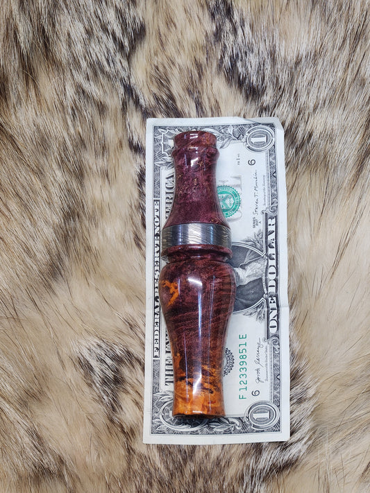Boxelder burl double reed duck call with cocobolo wood tone board and Damascus band