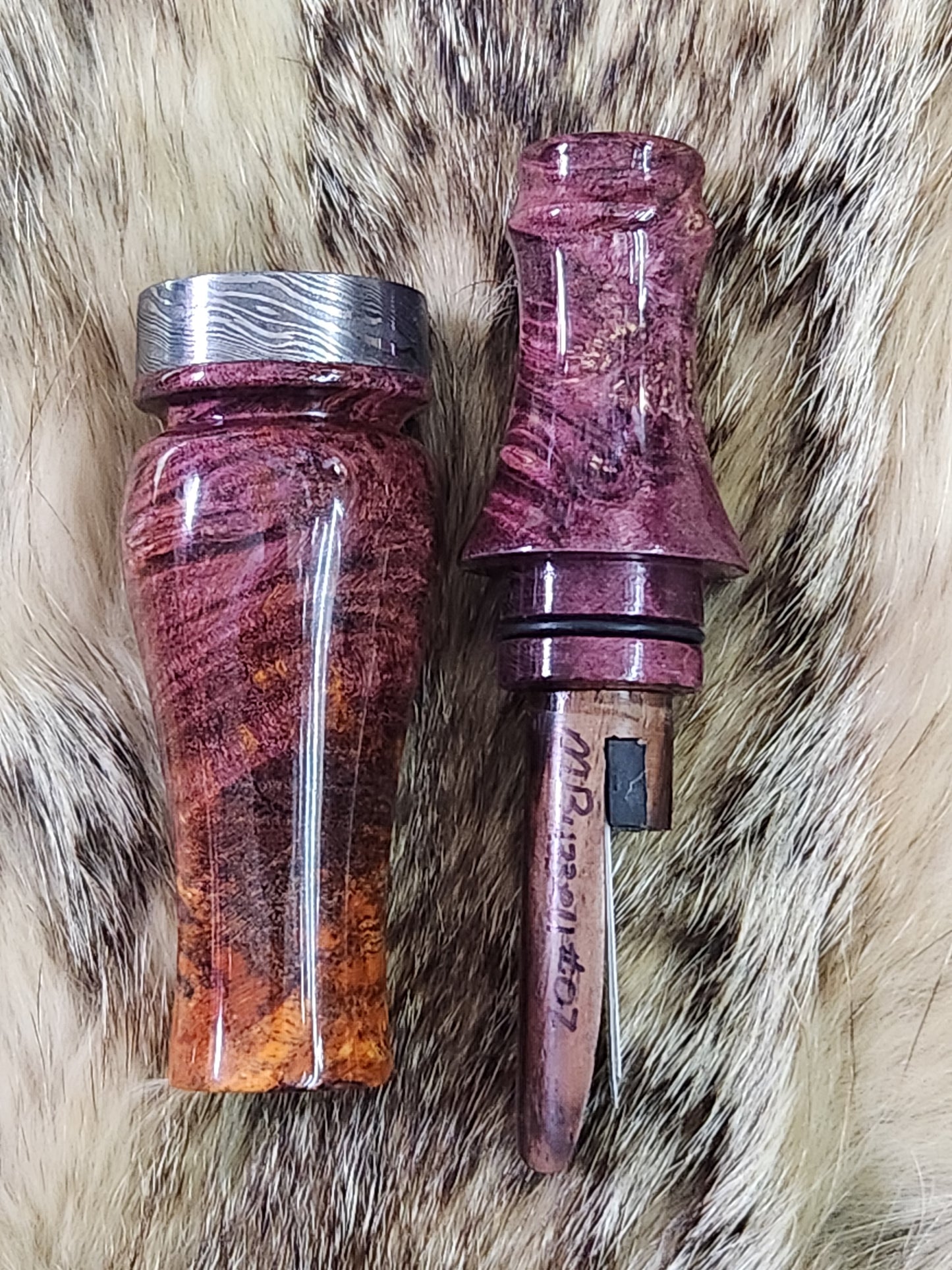 Boxelder burl double reed duck call with cocobolo wood tone board and Damascus band