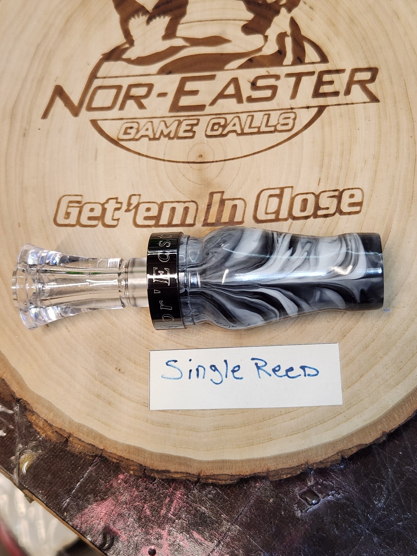 White and black acrylic single reed duck call