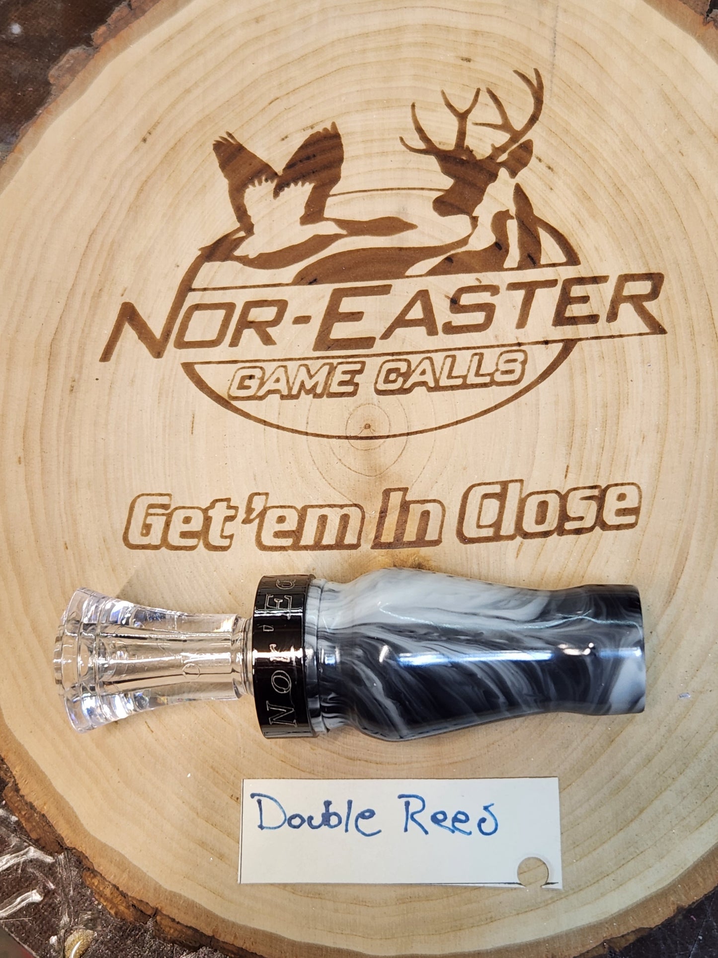 White and black acrylic double reed duck call