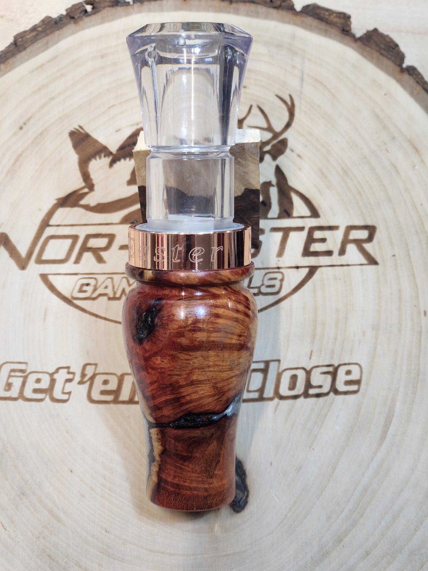 Blood wood burl in resin short reed goose call