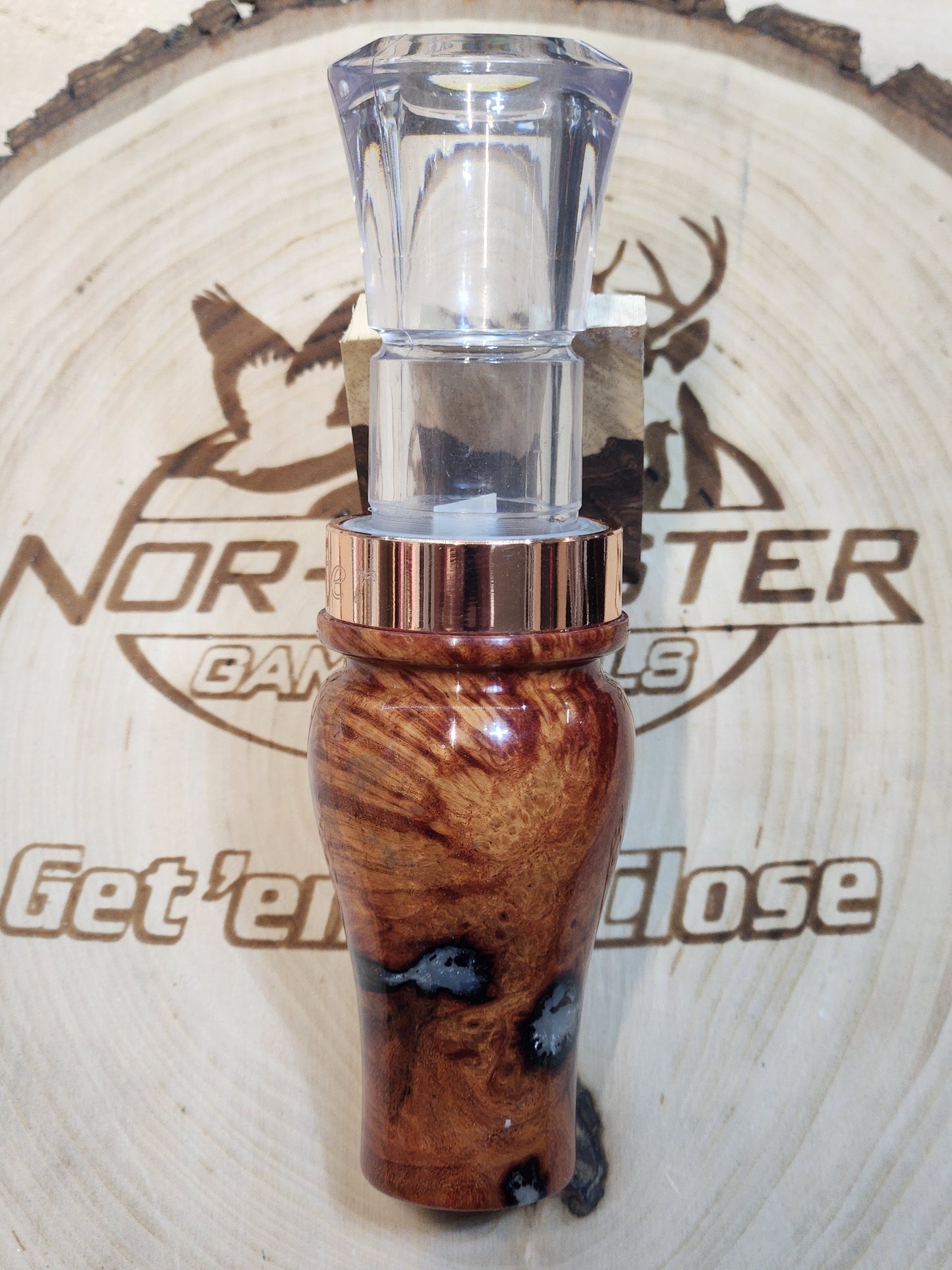 Blood wood burl in resin short reed goose call