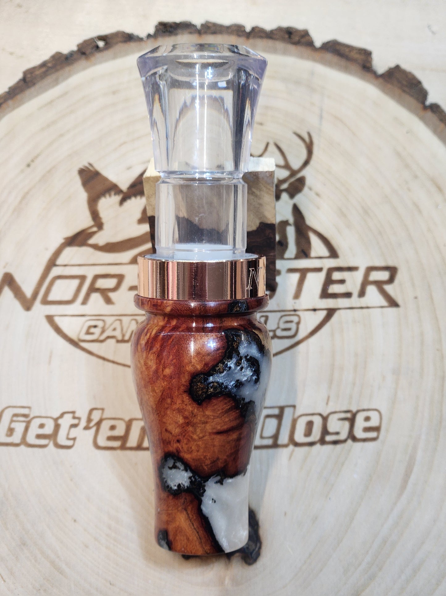 Blood wood burl in resin short reed goose call