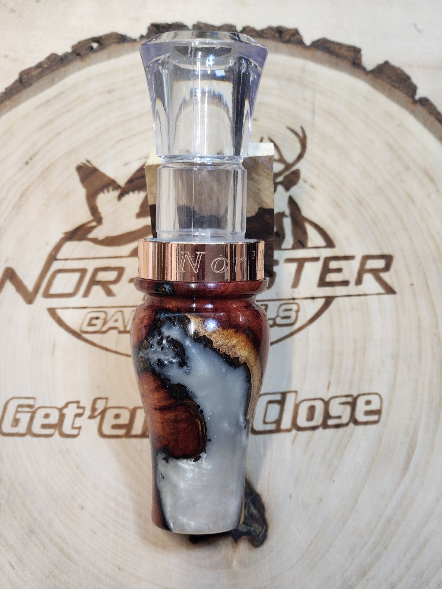 Blood wood burl in resin short reed goose call