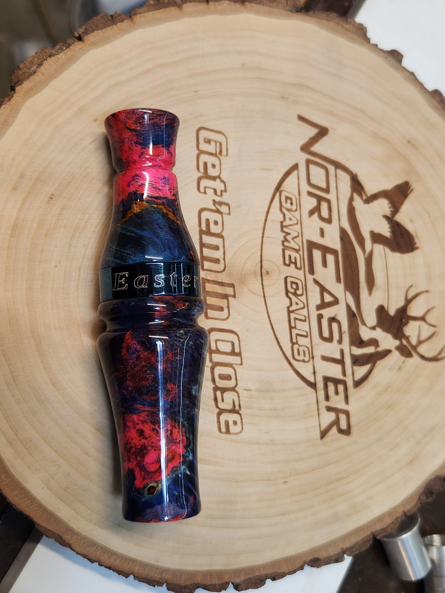 Speckle belly goose call Dyed and stabilized boxelder burl wood