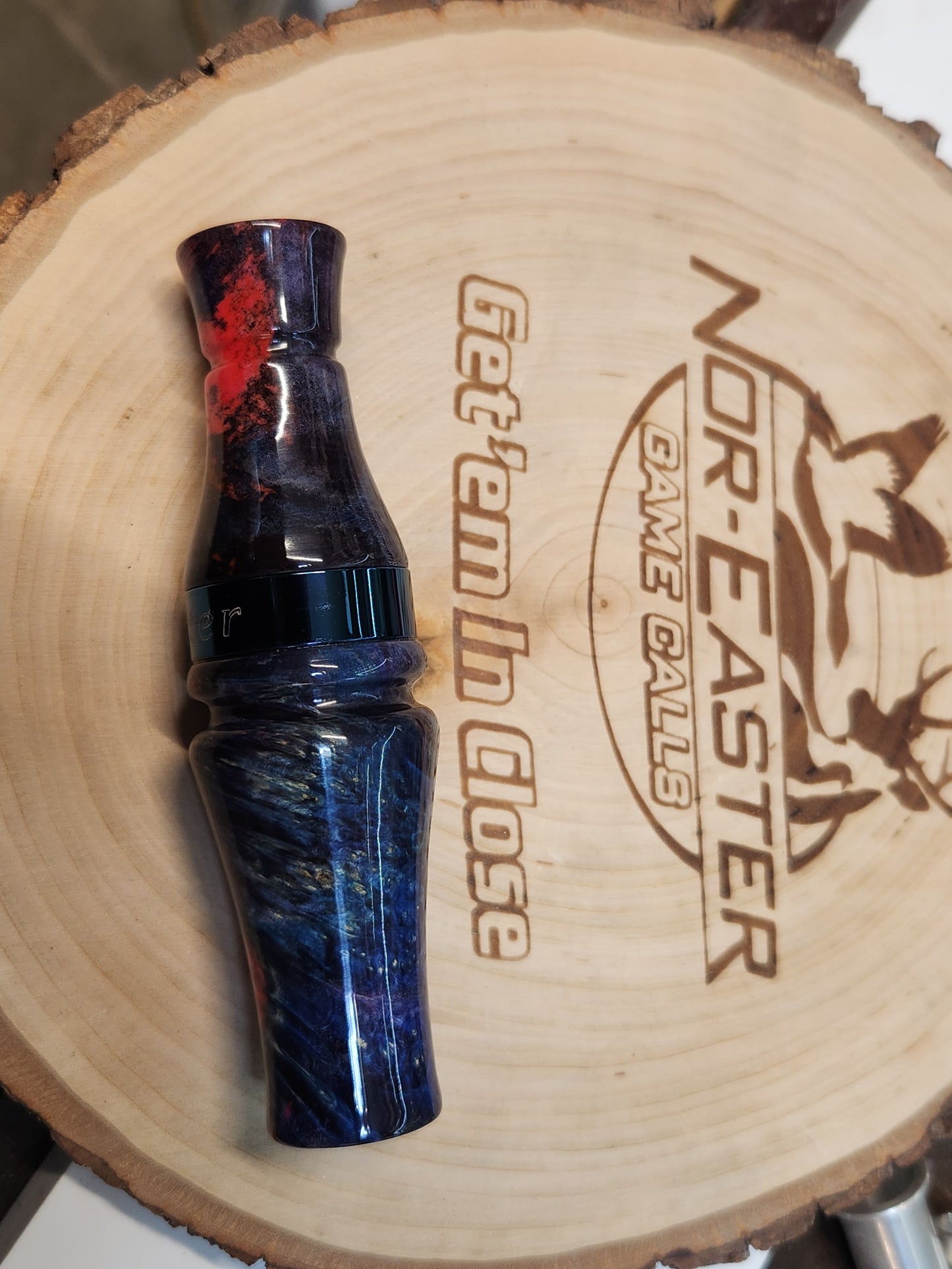 Speckle belly goose call Dyed and stabilized boxelder burl wood