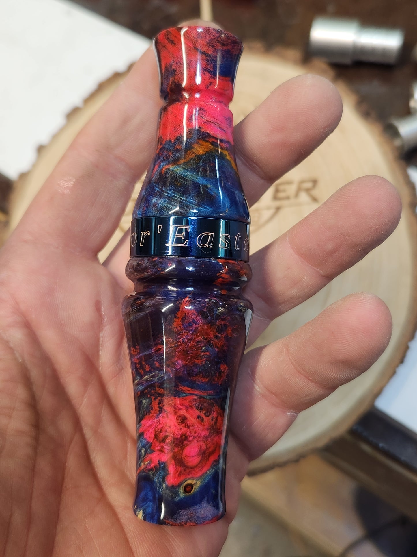 Speckle belly goose call Dyed and stabilized boxelder burl wood