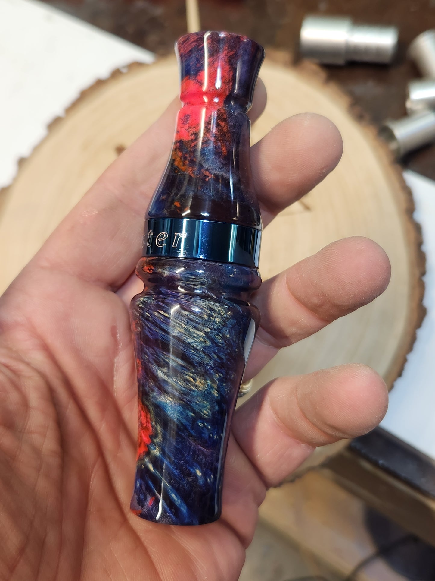 Speckle belly goose call Dyed and stabilized boxelder burl wood