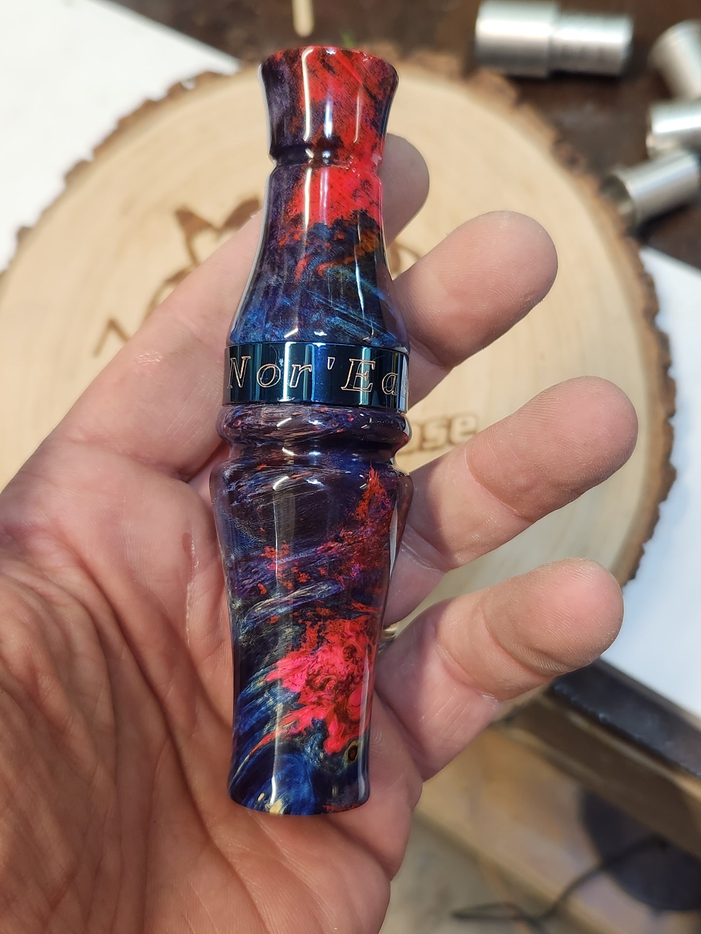 Speckle belly goose call Dyed and stabilized boxelder burl wood