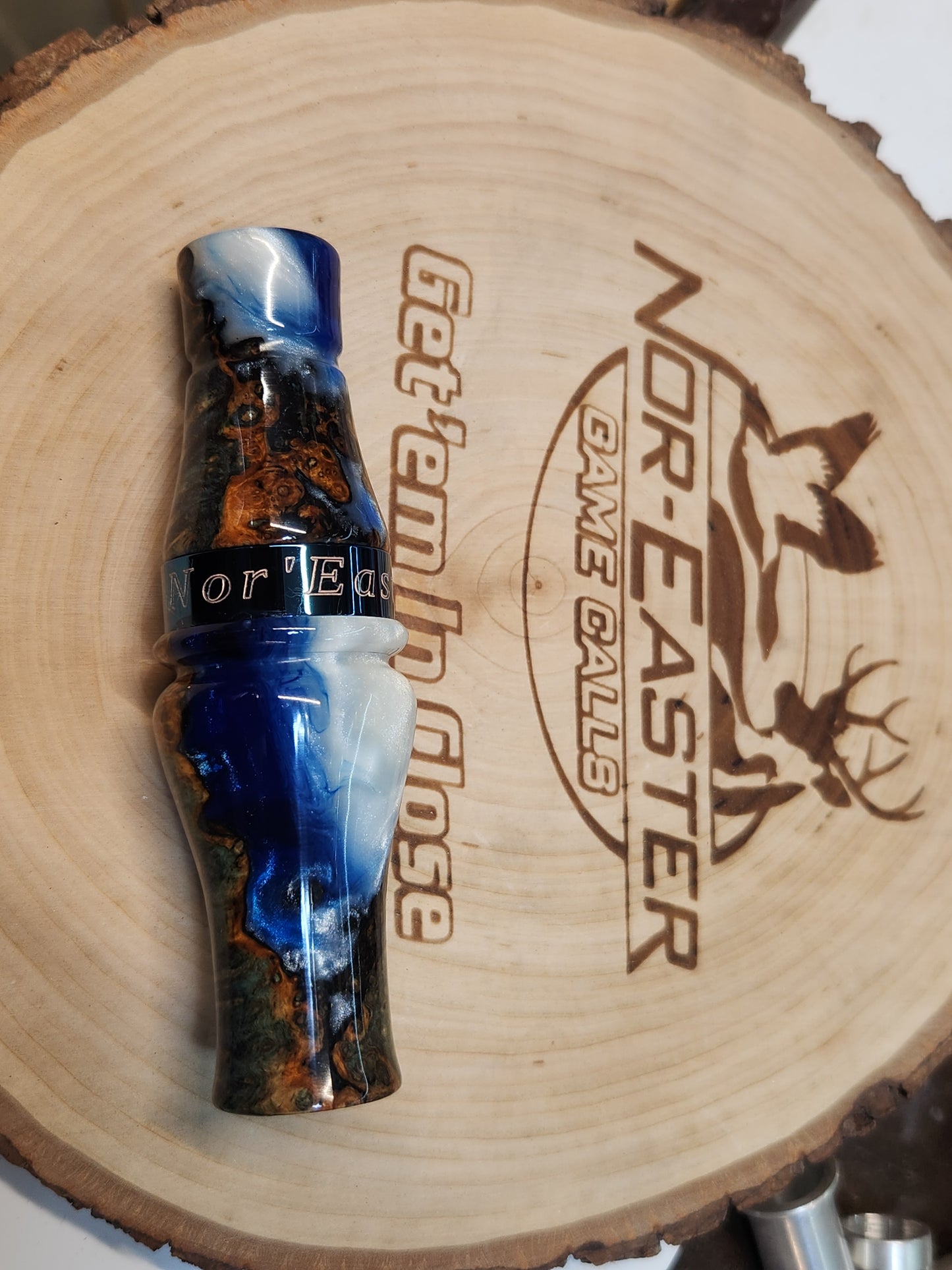 Short reed goose call stabilized and dyed amboyna Burl Wood in resin