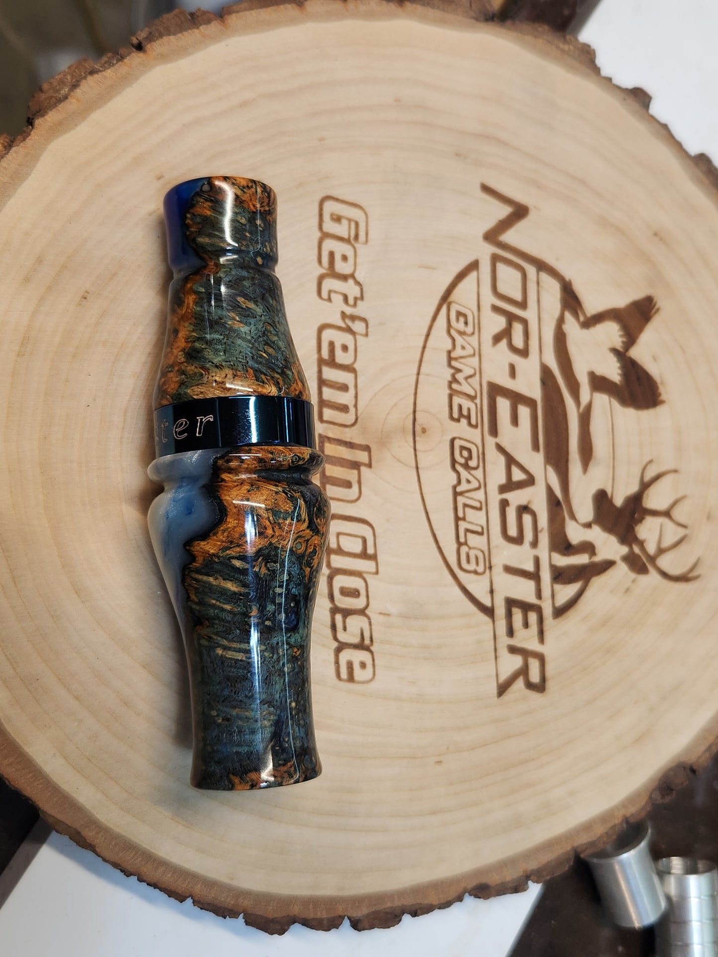 Short reed goose call stabilized and dyed amboyna Burl Wood in resin