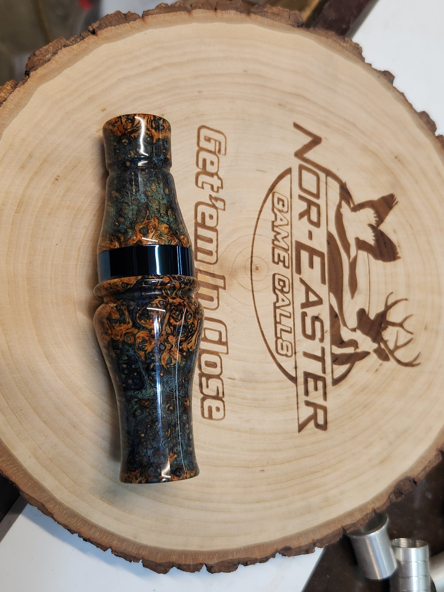 Short reed goose call stabilized and dyed amboyna Burl Wood in resin