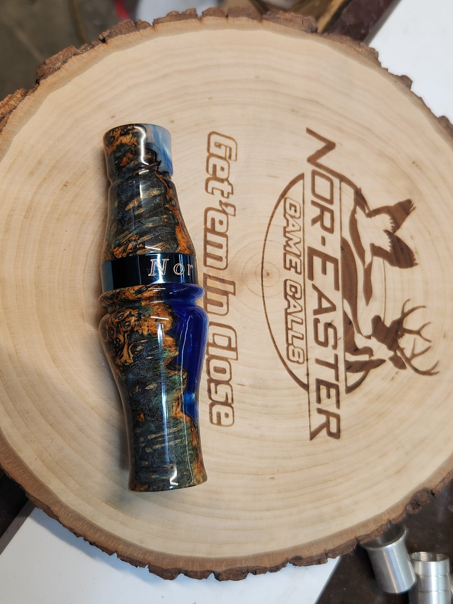 Short reed goose call stabilized and dyed amboyna Burl Wood in resin