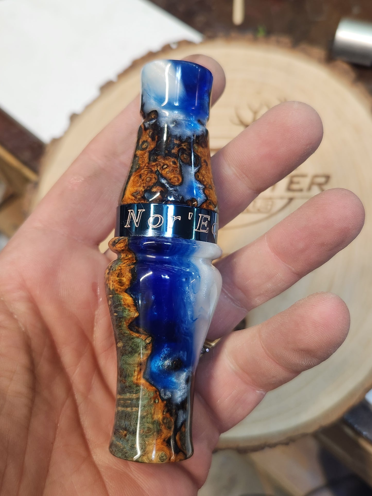 Short reed goose call stabilized and dyed amboyna Burl Wood in resin