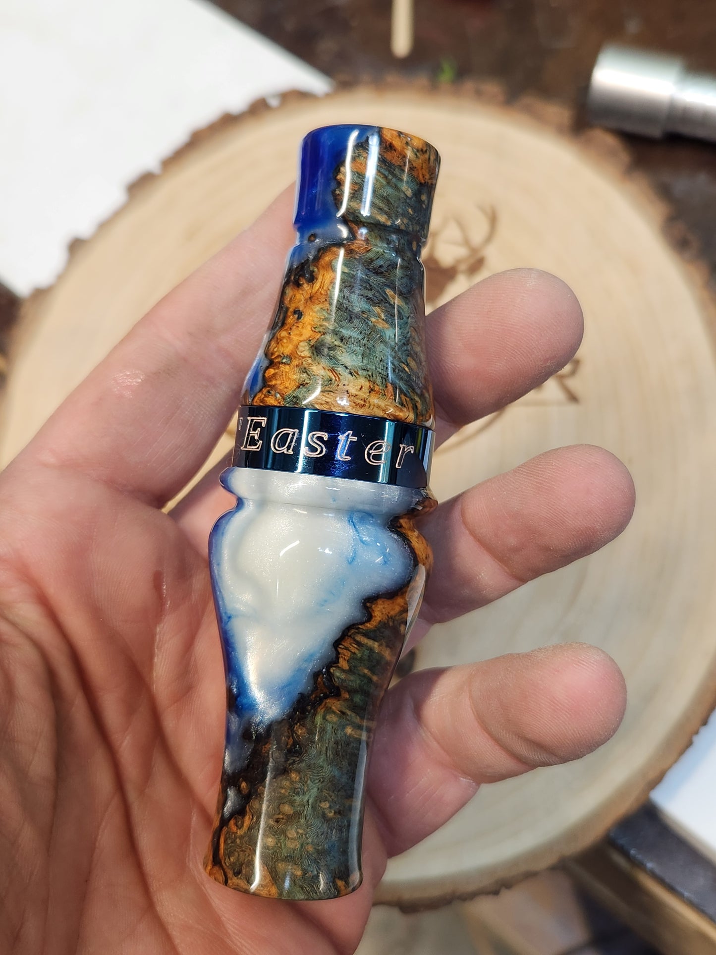 Short reed goose call stabilized and dyed amboyna Burl Wood in resin