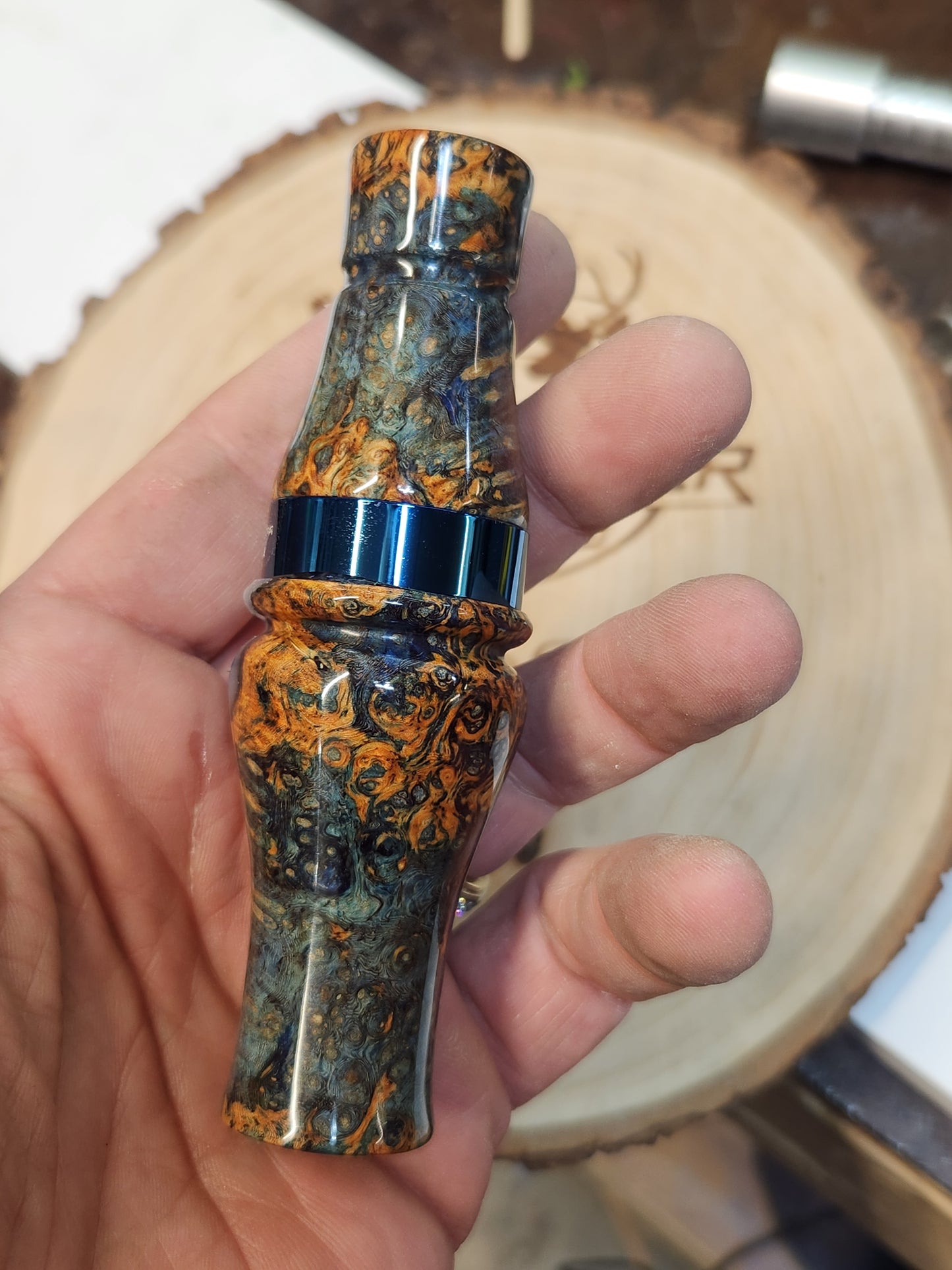 Short reed goose call stabilized and dyed amboyna Burl Wood in resin