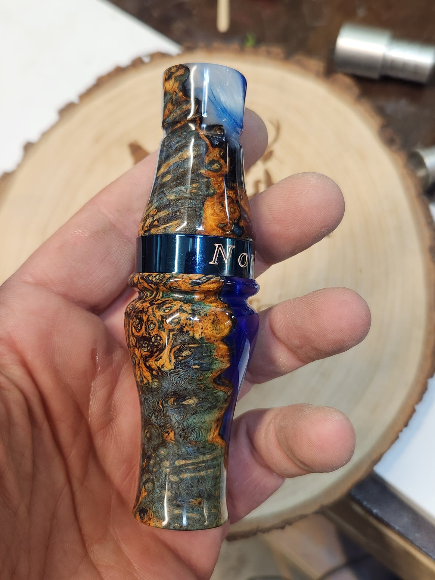 Short reed goose call stabilized and dyed amboyna Burl Wood in resin