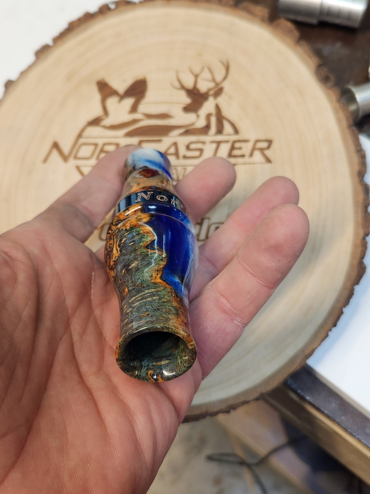 Short reed goose call stabilized and dyed amboyna Burl Wood in resin