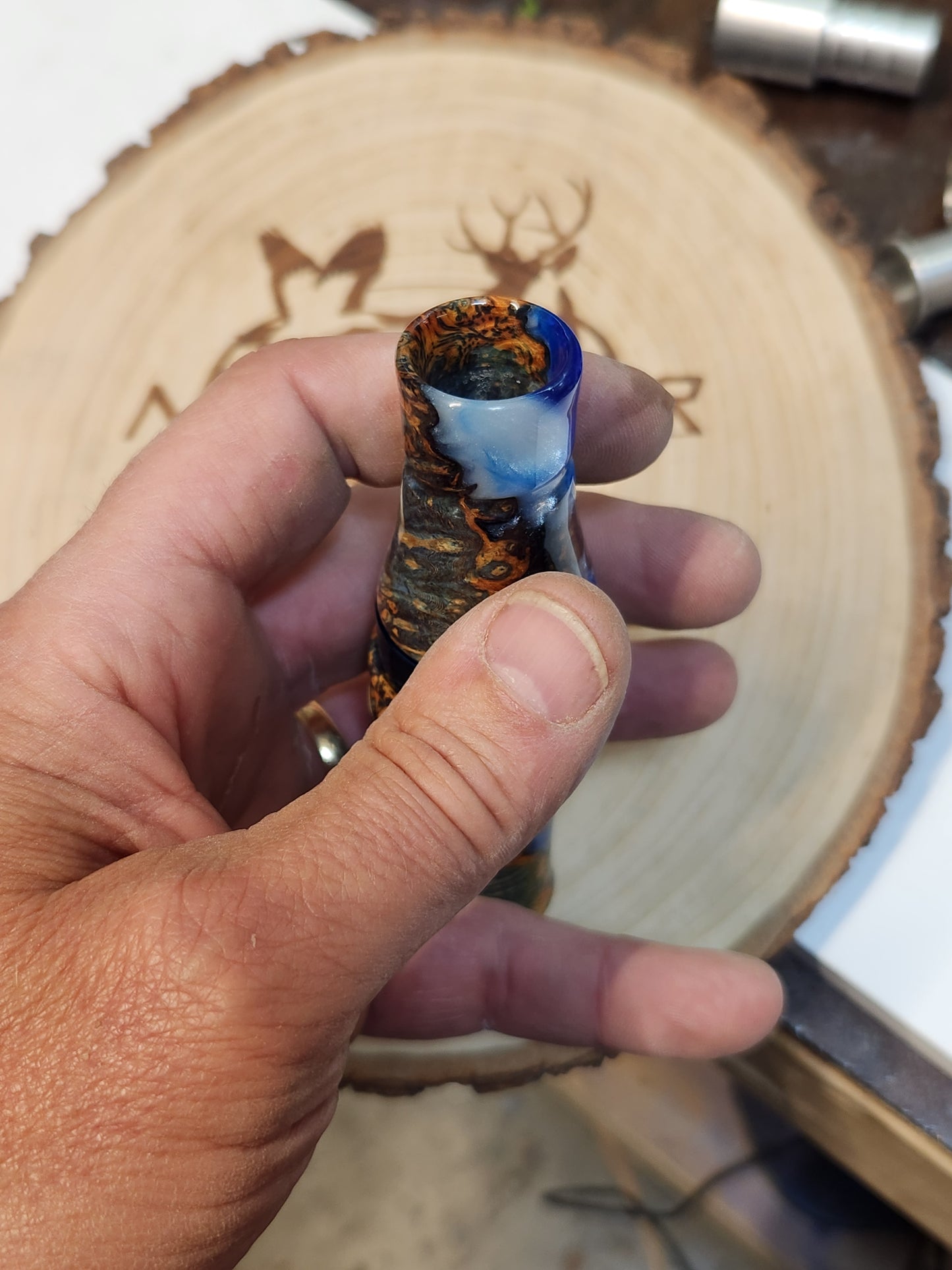 Short reed goose call stabilized and dyed amboyna Burl Wood in resin