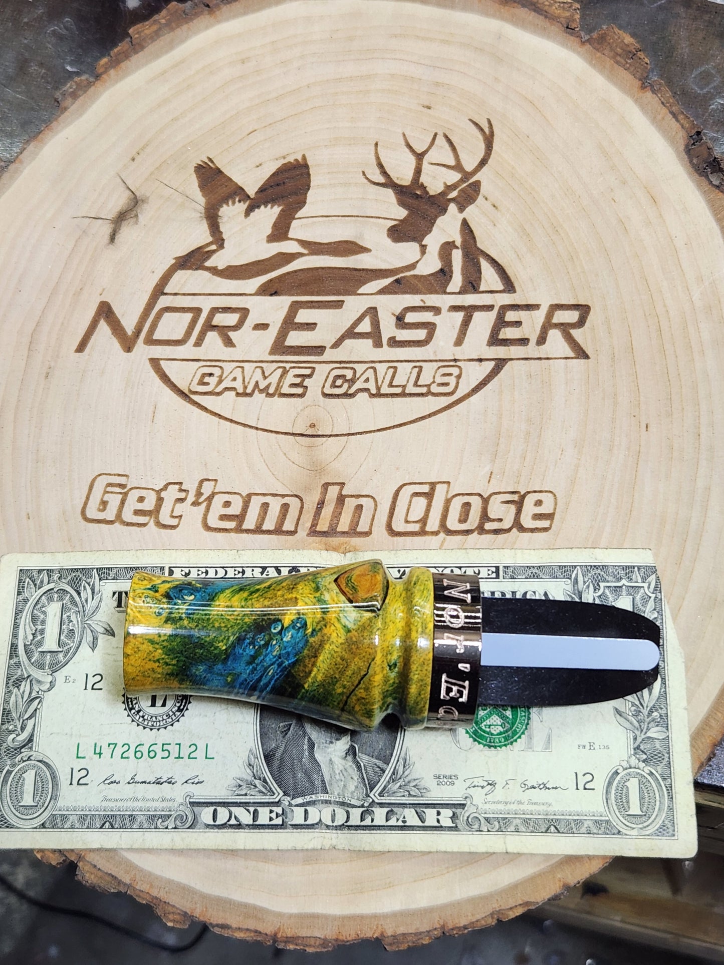 Sika deer call stabilized and dyed boxelder burl wood