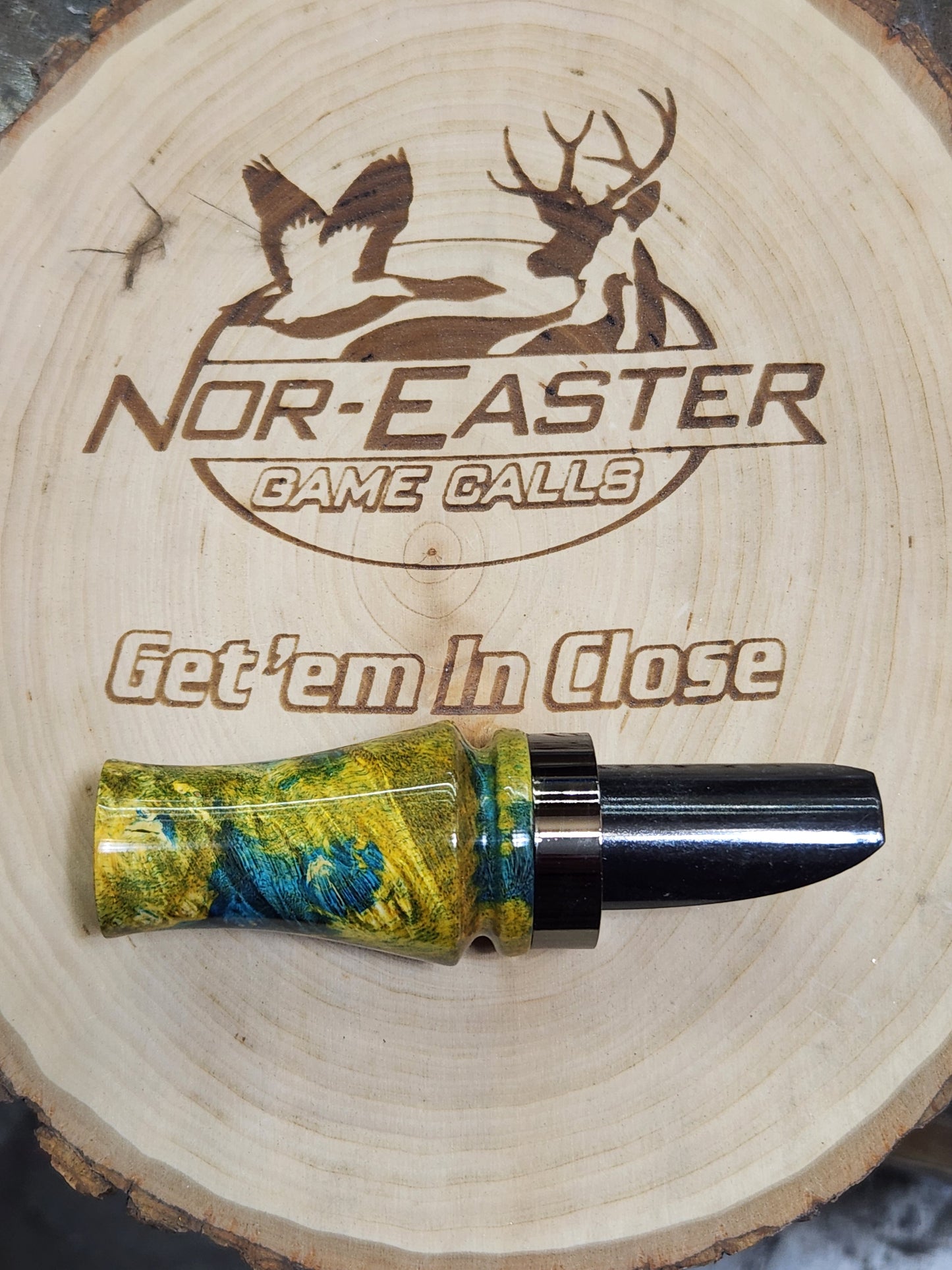 Sika deer call stabilized and dyed boxelder burl wood