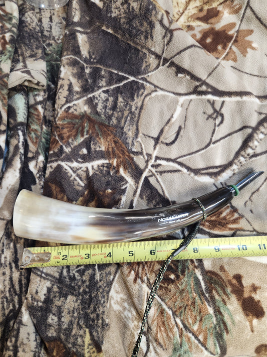 Open reed polished bull horn coyote howler