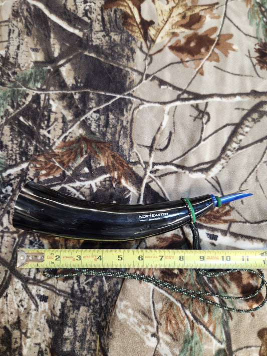 Open reed polished bull horn coyote howler