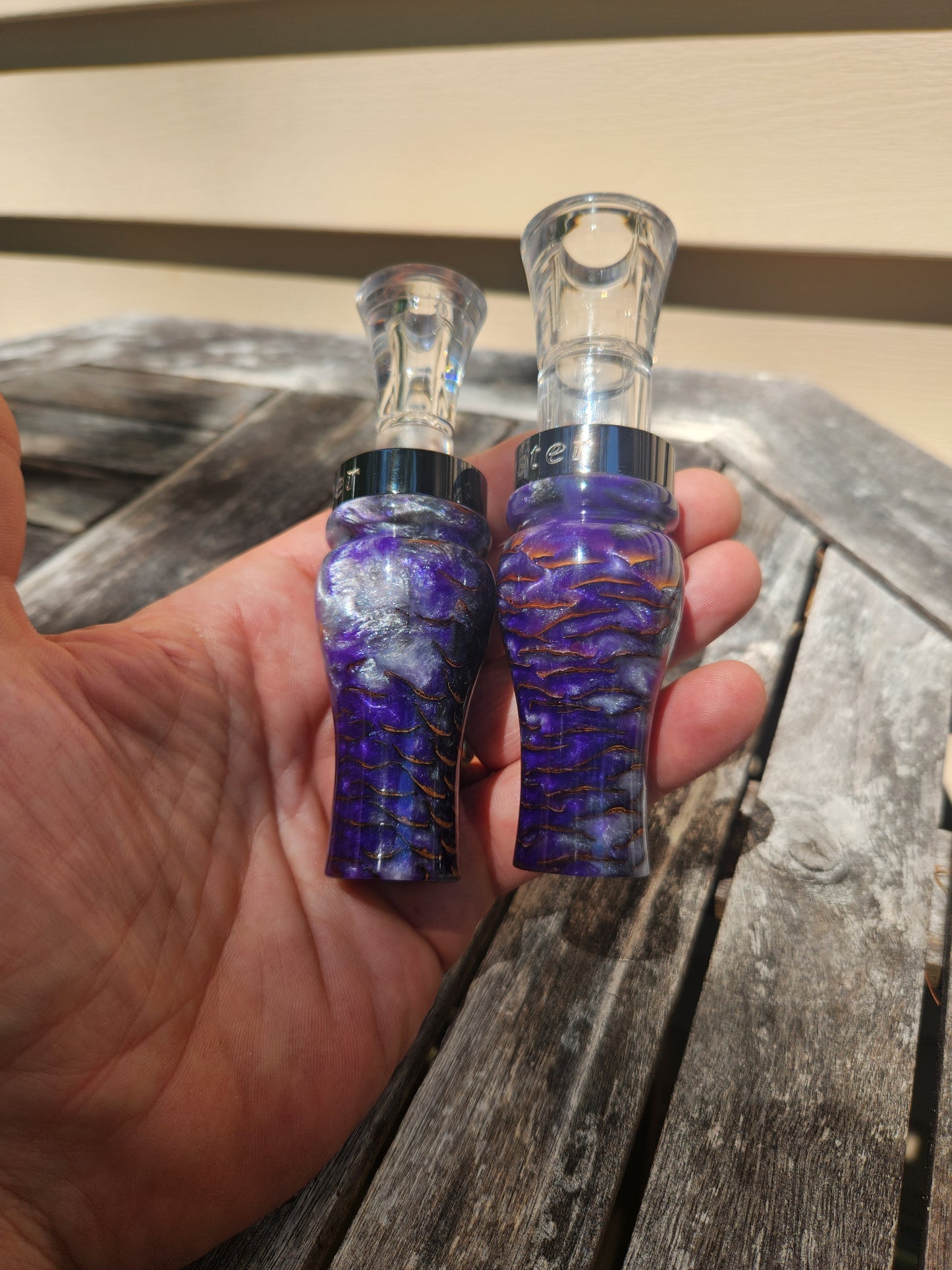 Duck and goose call set pine cone in resin