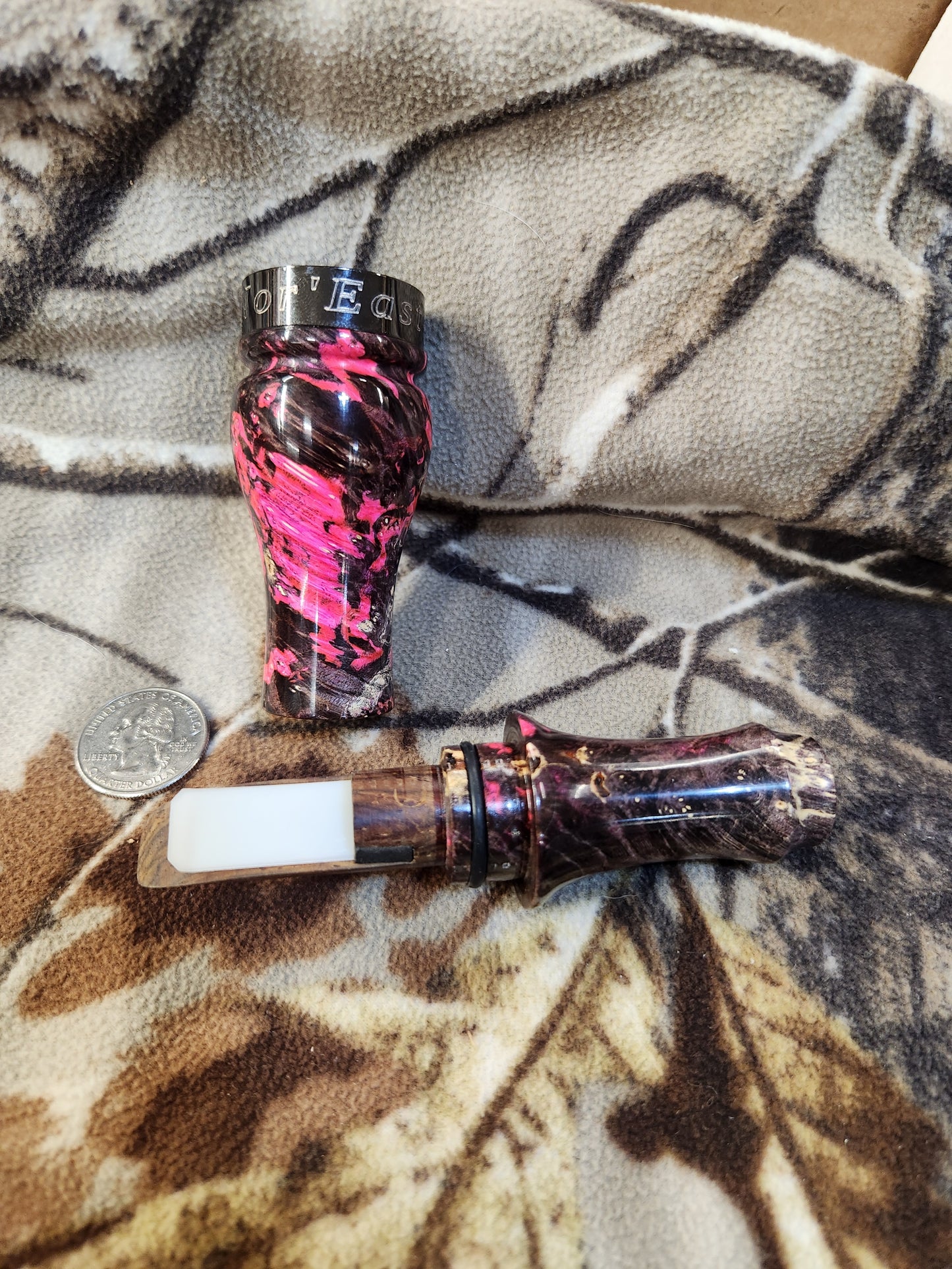 Double reed duck call made with stabilized and Dyed boxelder Burl Wood and cocobolo wood